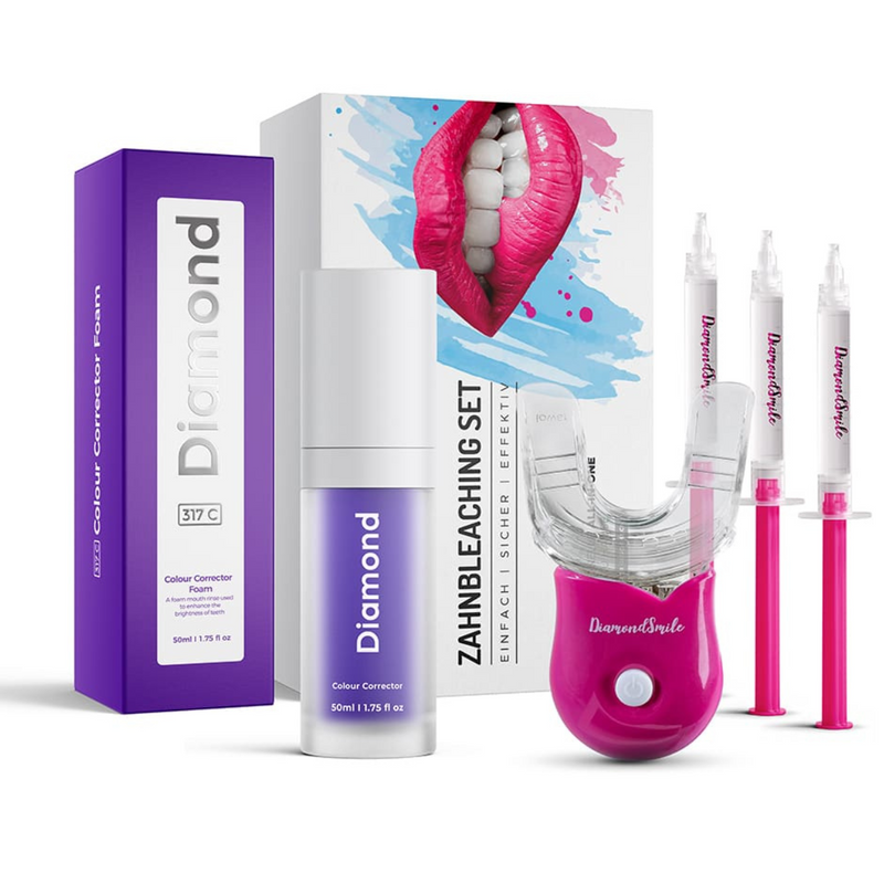 Ein Diamond Smile Zahnbleaching Set mit lila Zahnbleaching Serum zur Zahnaufhellung für zu Hause