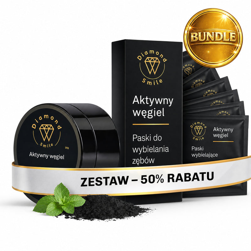 Dwa czarne paski z aktywnym węglem i olejem kokosowym, informacja o naturalnym wybielaniu bez nadtlenku.