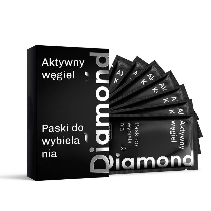 Zestaw 3-pak pasków wybielających Diamond Smile z aktywnym węglem oraz rozłożone saszetki z paskami.
