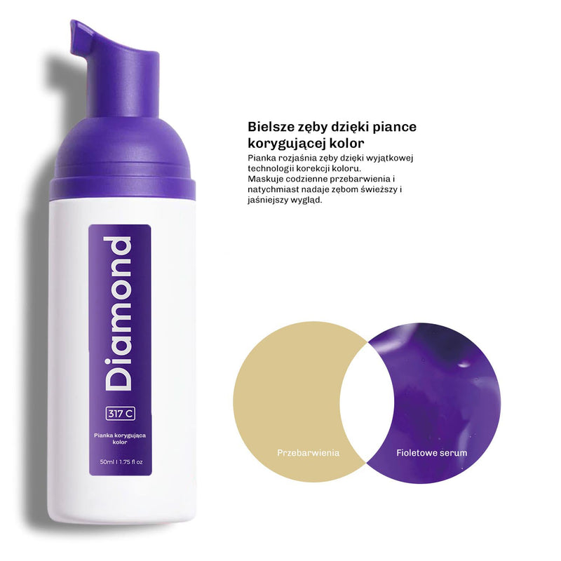 Kobieta z olśniewająco białymi zębami prezentuje serum korygujące kolor Diamond Smile.